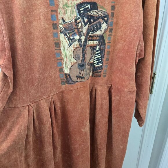 Vintage 90s Maxi Dress Rust Orange Pleated Long Sleeve Abstract Music Guitar - Picture 8 of 10